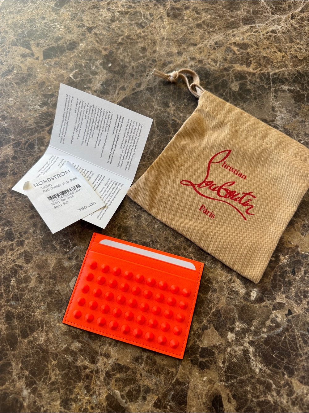 Christian Louboutin kios neon orange spike wallet card case with bag